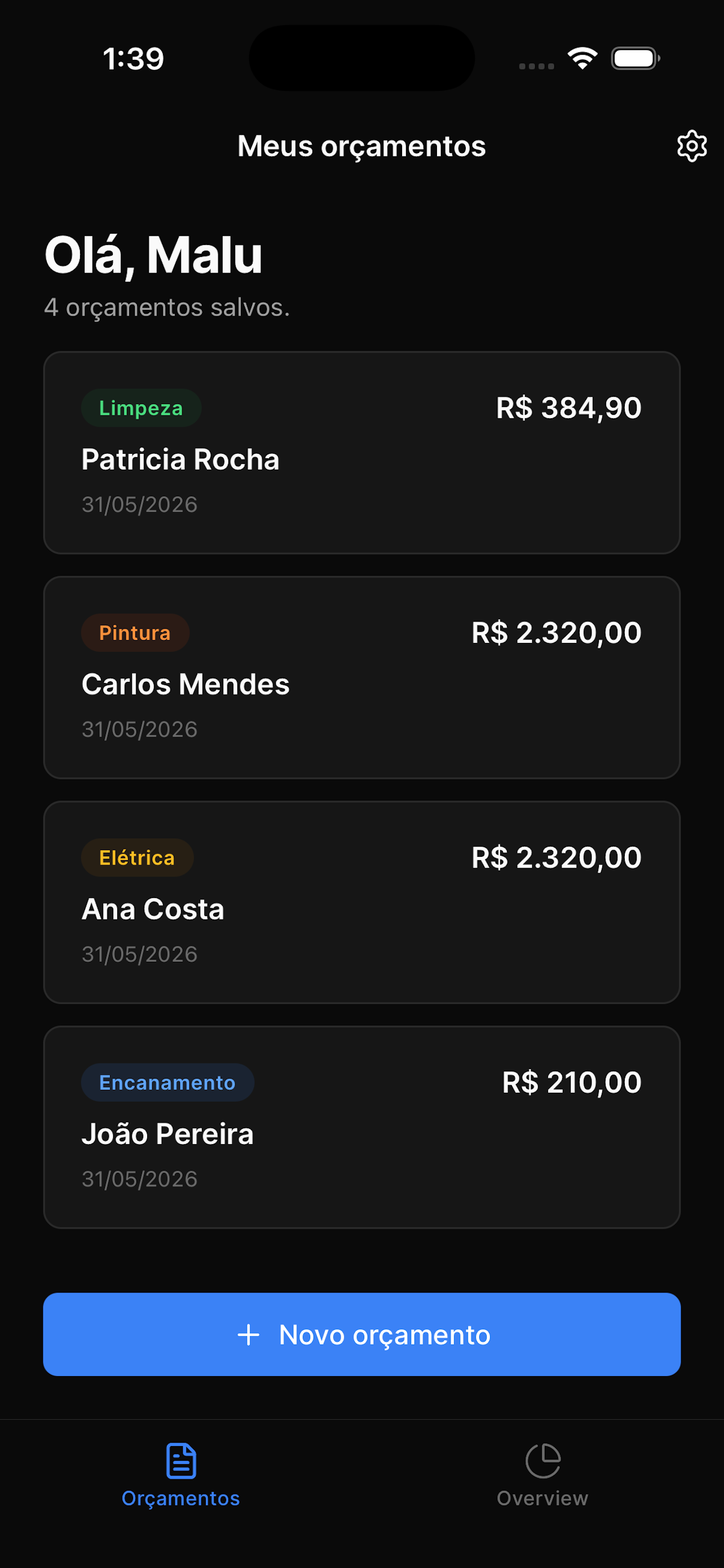 Painel principal do app