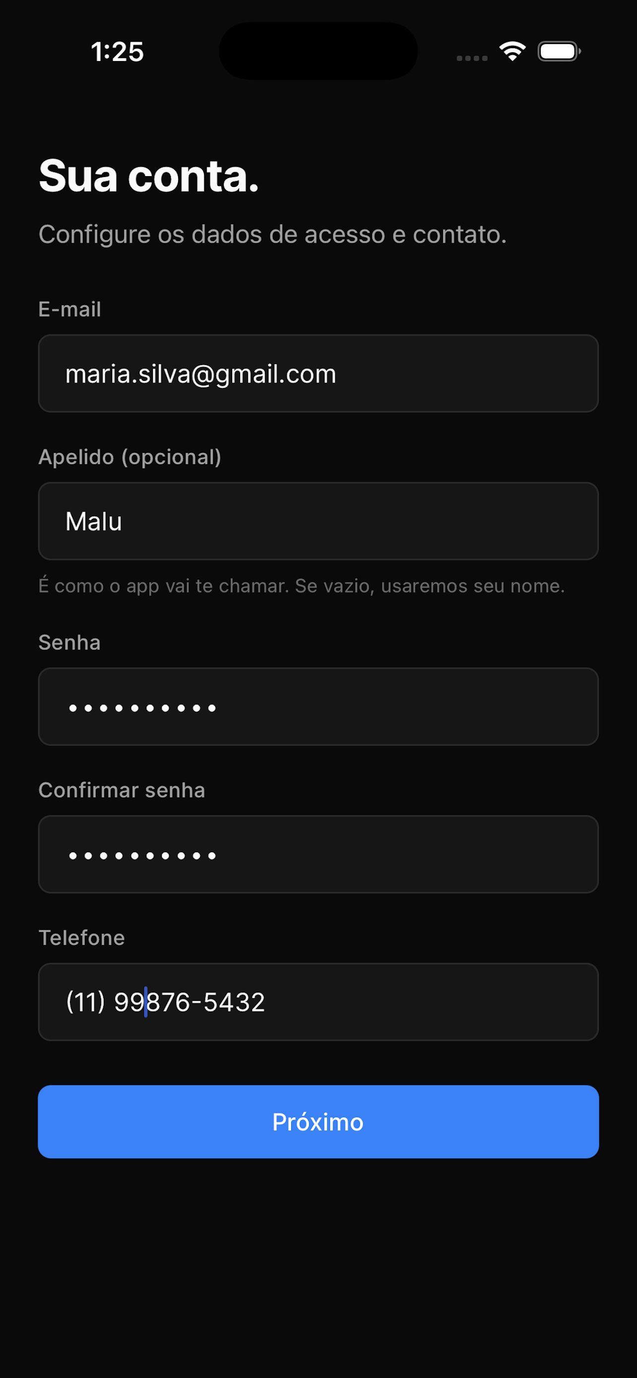 Onboarding — criação da conta