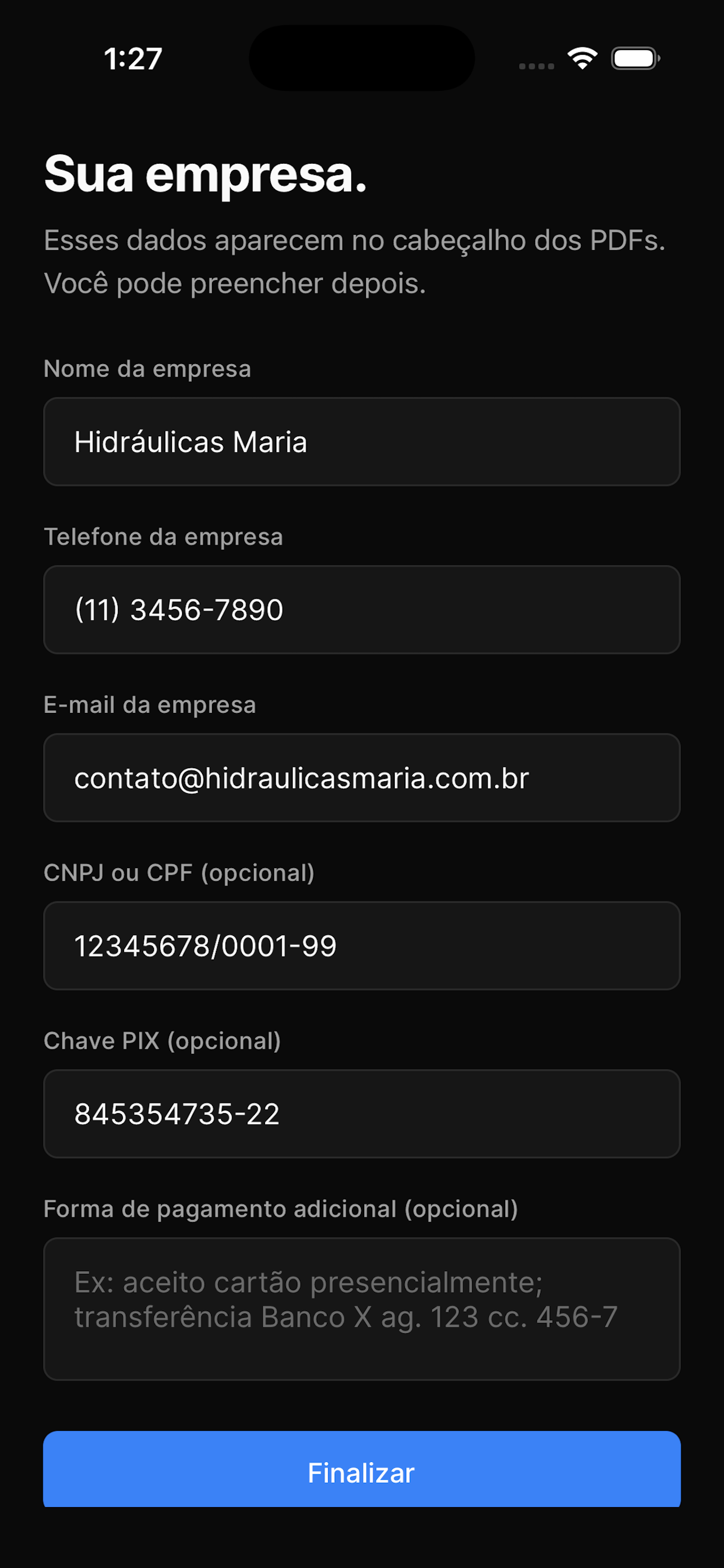 Onboarding — dados da empresa
