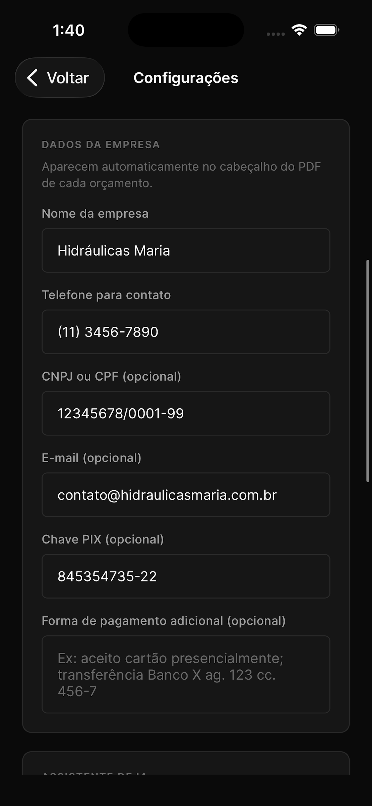 Configurações da empresa