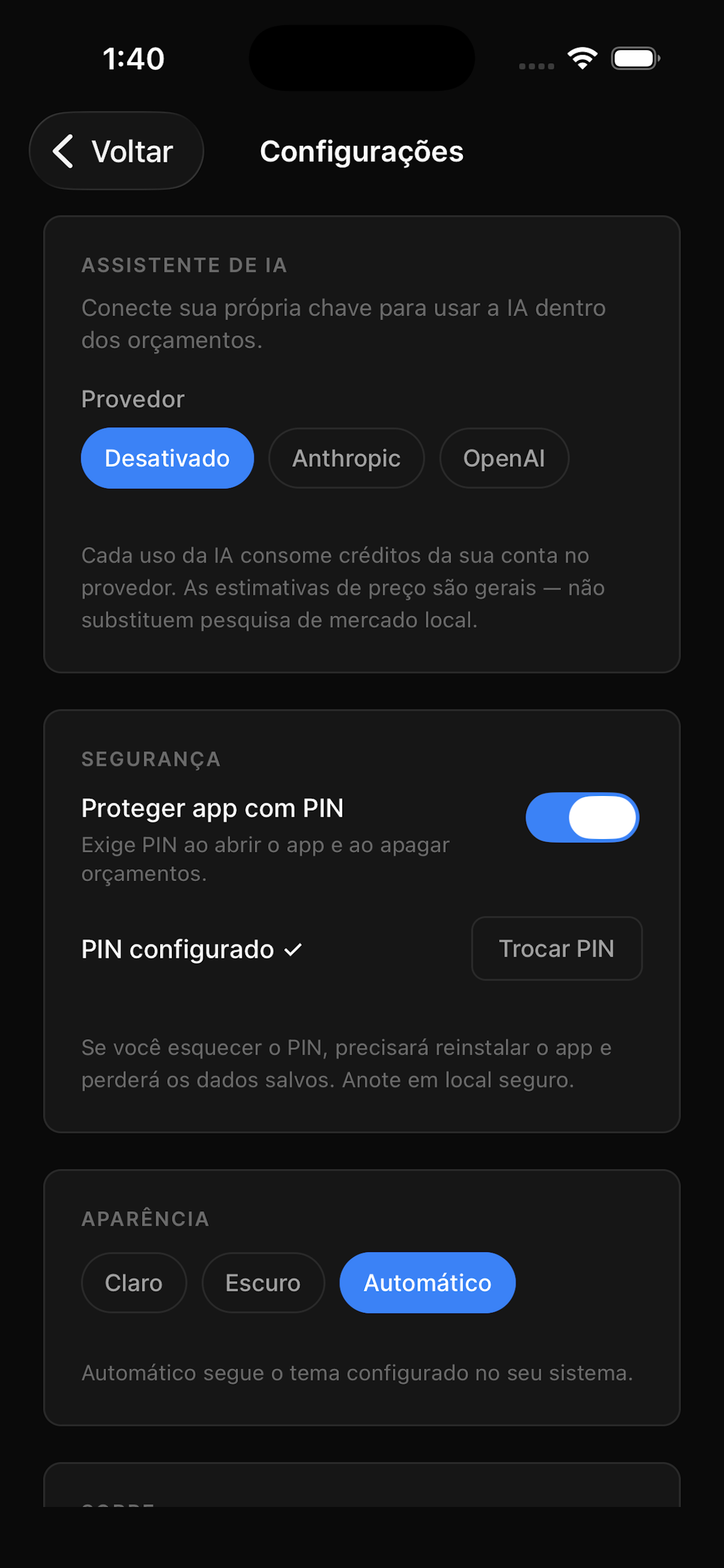 Configurações do Assistente de IA